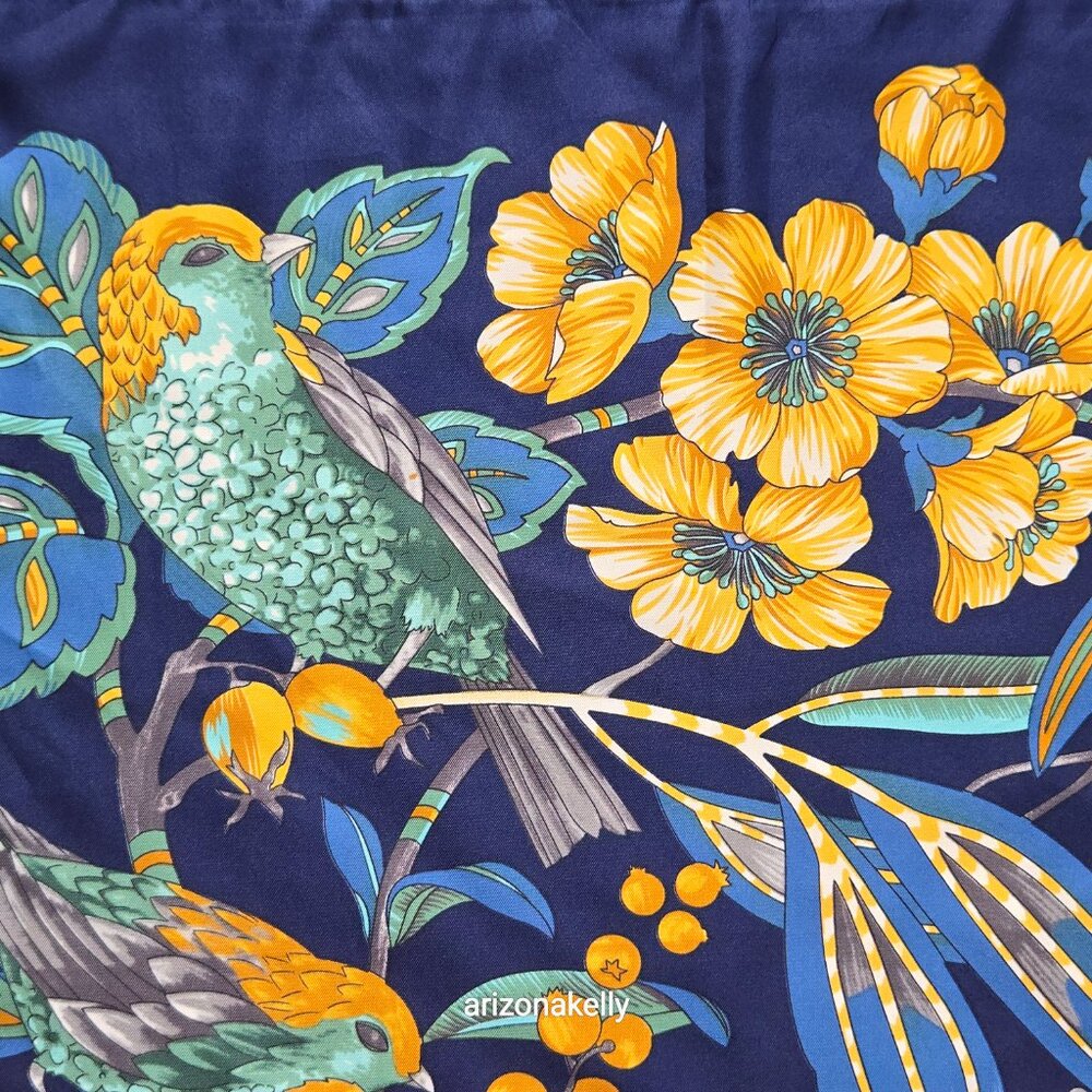 HUGE Silk Wrap Scarf Birds Blue Yellow - Picture 9 of 13
